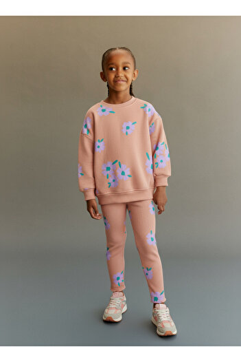 Magu Girls' Cotton Salmon Floral Pattern Sweatshirt and Leggings Tracksuit Set