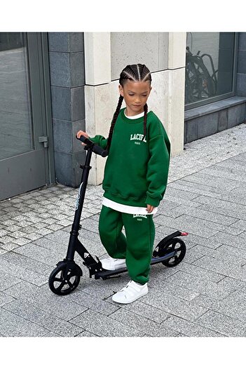 Magu Unisex Children's Cotton Green Sweatshirt Tracksuit Top and Bottom Set