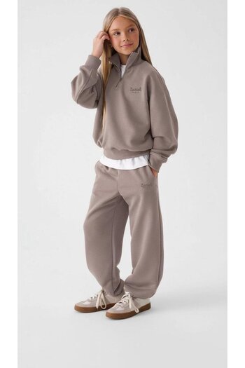 Magu Girl's Cotton Brown Zippered Sweatshirt Tracksuit Set - Oversize Fit