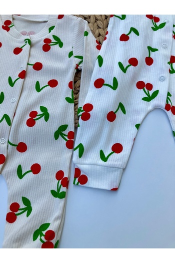minço bebe Organic Baby Girl and Boy Cherry Patterned 2-Piece Cotton Romper Without Booties Newborn 1-3-6 Months