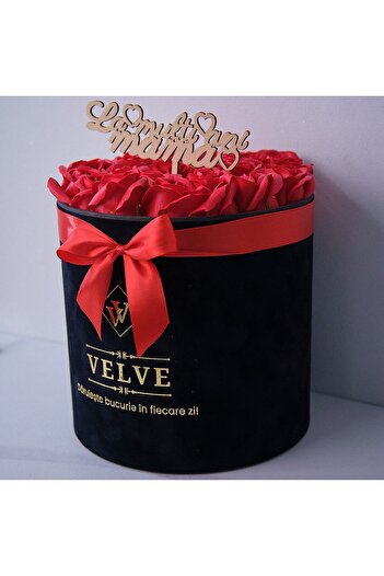 velve Floral arrangement in a round black box, 25 red soap roses and message "Happy Birthday Mom"
