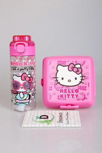 Hello Kitty Dekomus Pocket Notebook and Licensed 500 ml Water Bottle, 2-Layer Lunch Box Set