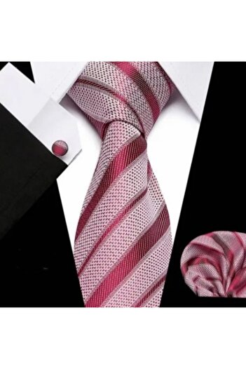 KESNUP Elegant tie, handkerchief and 2 cufflinks set, striped pattern, Red