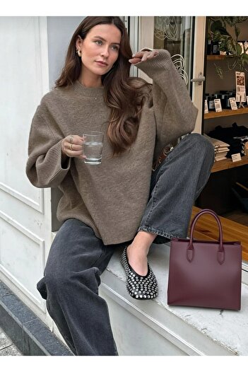 K-ODEA BUTİK Pulover de tricotaj oversize BEJ-GRI pentru femei - Guler moale texturat