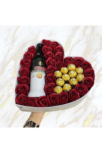 velve Gift for women, white heart box with soap roses, Angelli and 11 Ferrero Rocher pralines, Red