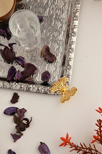 AKSESUAR EVRENİ Dolce Silver Stainless Patterned Square Corner Single Butterfly Detail Coffee Tea Presentation Tray Set of 1