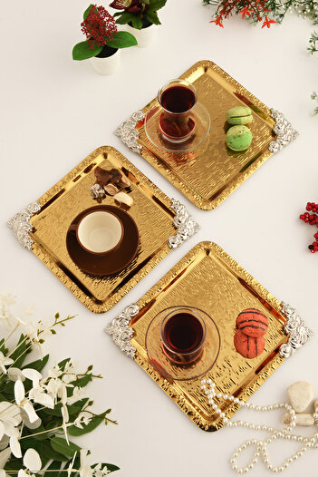 AKSESUAR EVRENİ Abra Gold Stainless Patterned Square Corner Silver Flower Detailed 3-Piece Coffee Tea Presentation Tray Serving Tray