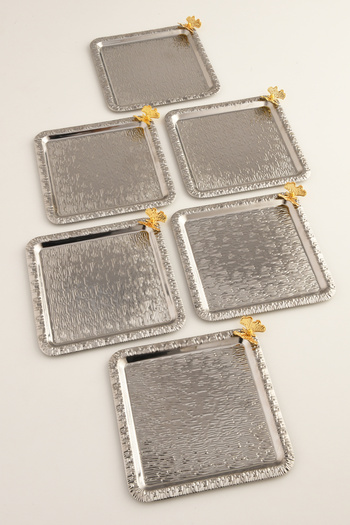 AKSESUAR EVRENİ Dolce Silver Stainless Patterned Square Corner Single Butterfly Detailed 6-Piece Coffee Tea Serving Tray