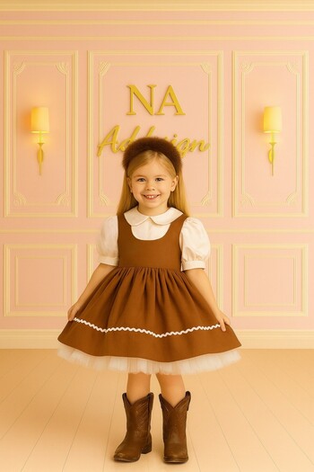 NA ADDESIGN Country Brown Bow Dress, Brown Vintge Dress, Children's Cowboy Dress