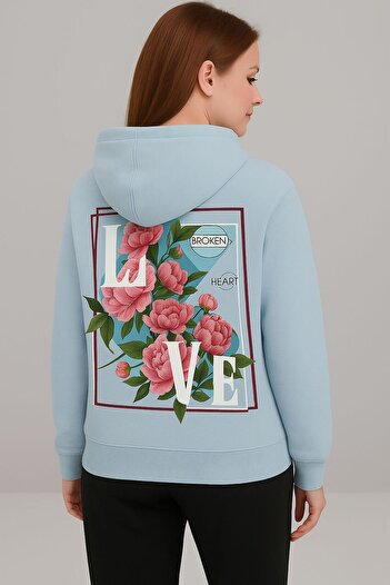 MELOOX Hanorac cu glugă cu imprimeu floral cu slogan Love – Moda casual unisex