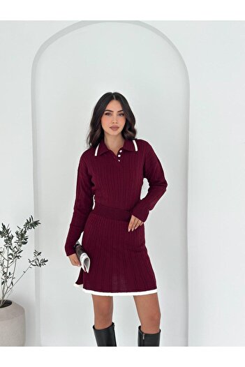 Noi Belis Hair Braid Detailed Polo Neck Knitwear Bottom Top Set Aw25Au0004