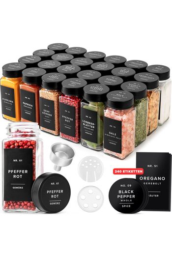 EDELHAUS Set 24 square jars for spices, 120ml, 10.7×4.5cm, black lids, 30 dosing inserts, 240 German labels