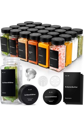 EDELHAUS Set 24 square spice jars, 120ml, 10.7×4.5cm, black lids, 30 dispensing inserts, 240 labels in Germa