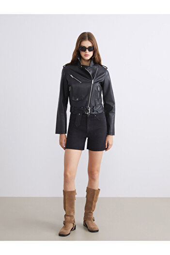 LC Waikiki Biker Collar Women's Leather Look Jacket