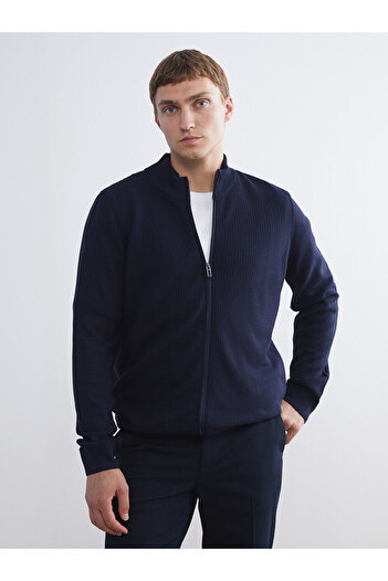 LC Waikiki Navy Blue Standard Fit Stand Collar Men's Knitwear Cardigan