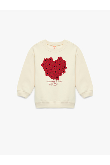 Koton Shardonlu Long Sleeve Crew Neck Heart Printed Floral Applique Cotton Sweatshirt