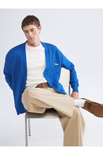 LC Waikiki Blue Comfortable Fit V-Neck Men's Knitwear Cardigan