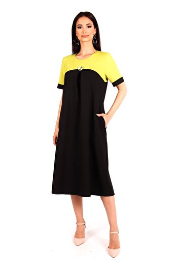 AD Fashion Black linen dress with neon green 22R16i62 - 44 EU