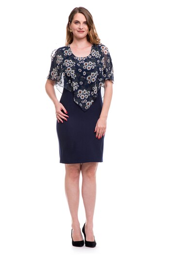 AD Fashion Rochie conica bleumarin cu capa din voal imprimat 001R128005 - 38 EU