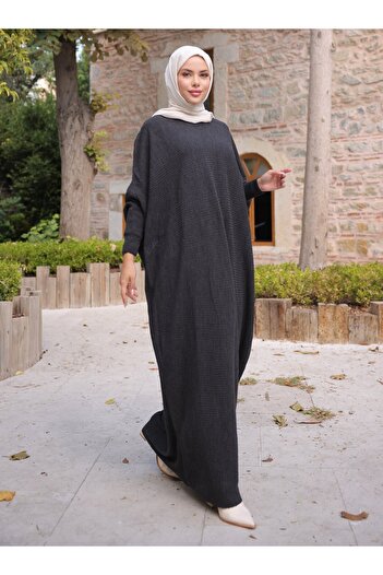 SAHRA BUTİK Sleeved Ruffled Knit Tunic - Anthracite -