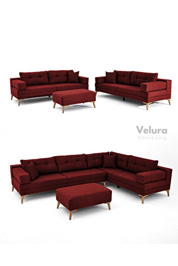 Velura Home & Living Zeri 3+3+3 Yataklı Puzzle Modüler U Köşe Koltuk Takımı & Puflu Köşe Takımı - Kırmızı 172