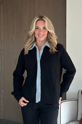 Laluvia Black Denim Cardigan with Snap Buttons - 231068