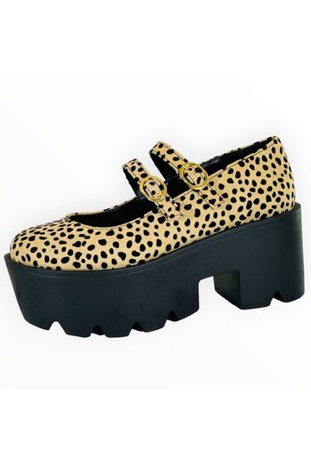 JustFab Women's Mary Jane Flatform School Girl Punk Leopard Print Beige Shoes, Size 37.5 EU