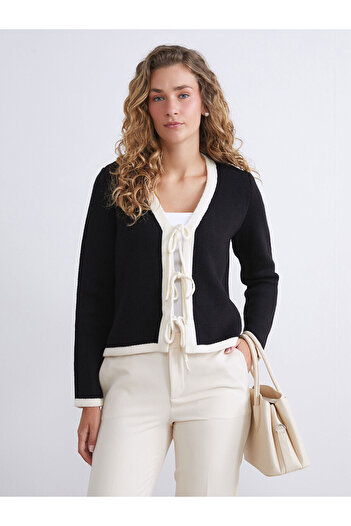 LC Waikiki Black V-Neck Lace-Up Women's Knitwear Cardigan