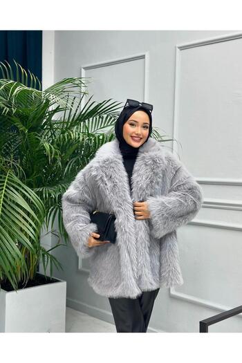Hb Harma Time Butik Women's Gray Plush Lined Coat