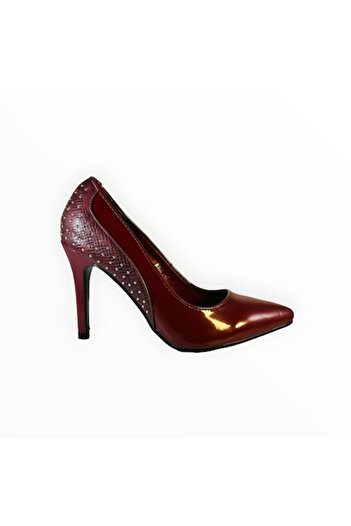 Vadodara Pantofi Dama Kerline cu Toc Stiletto - Piele Vegana Grena Lacuita si Tinte Metalice - Marimea 37 EU