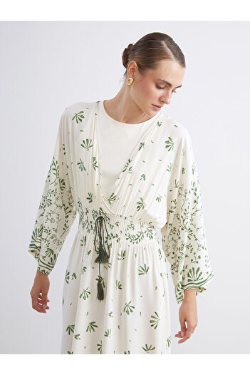 LC Waikiki LCW Modest Mavi Kruvaze Yaka Çiçekli Büzgülü Elbise