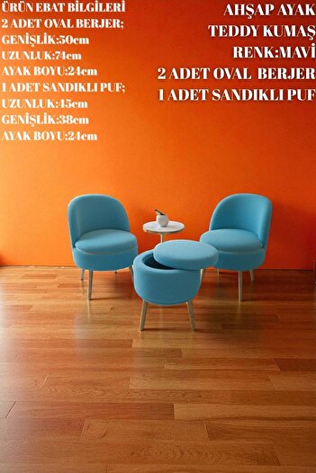 WoodyMaison LORIANE Teddy Peluş Berjer ve Puf 3’lü Takım – Salon, Balkon ve Ofis İçin Konforlu Çay Seti