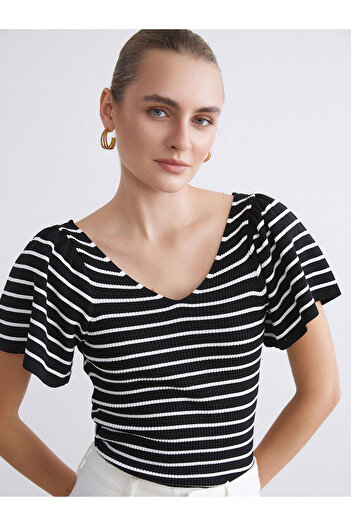 LC Waikiki Black V-Neck Striped Women's Knitwear Sweater