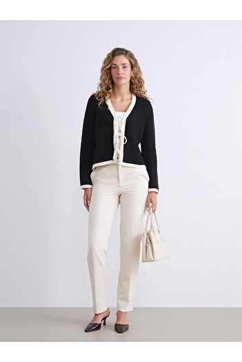 LC Waikiki Black V-Neck Lace-Up Women's Knitwear Cardigan