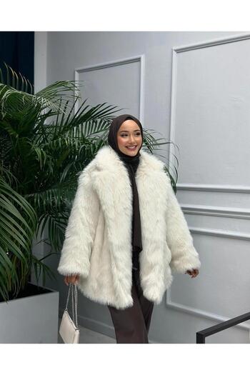 Hb Harma Time Butik Women's Cream Plush Lined Coat