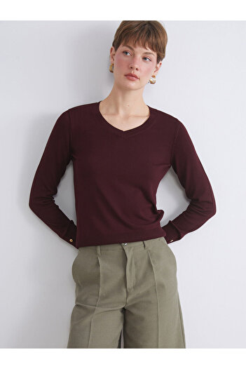 LC Waikiki Burgundy V-Neck Women's Knitwear Sweater