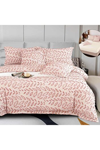 OEM Premium Embossed Bed Linen, 2 persons, 6 pieces, with elastic, brown, leaves, LFG113