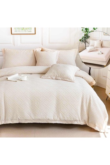 OEM Premium Embossed Bed Linen, 2 persons, 6 pieces, with elastic, cream, lines, LFG107