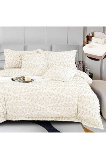 OEM Premium Embossed Bed Linen, 2 persons, 6 pieces, with elastic, light cream, leaves, LFG110