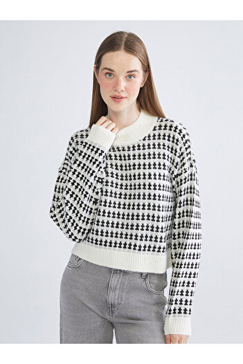 LC Waikiki Pulover de tricotat pentru femei, negru, cu guler înalt, cu model