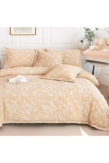 OEM Premium Embossed Bed Linen, 2 persons, 6 pieces, with elastic, cream, leaves, LFG118