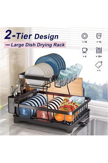 COOYA 2-Tier Metal Dish Rack with Drainboard and Dryer Mat, Detachable, Drainboard, for Kitchen Counter