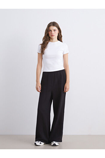 LC Waikiki Black Textured Muslin Women's Trousers with Elastic Waist