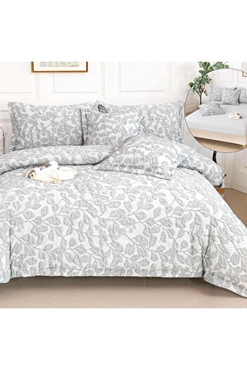 OEM Premium Embossed Bed Linen, 2 persons, 6 pieces, with elastic, gray, leaves, LFG115