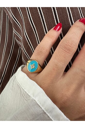 ringbox Gold Taşlı Mavi Mineli Serçe Parmak Yüzüğü