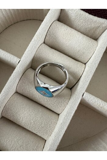 ringbox Stone Blue Enamel Silver Color Pinky Ring