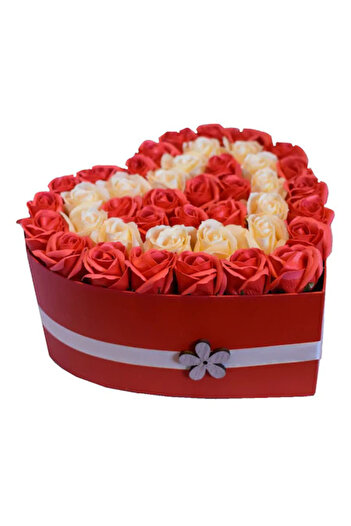 velve Arrangement in a red heart-shaped box with 43 white and red soap roses, Cream-red