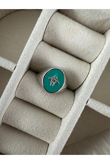 ringbox Silver Color Pinky Ring with Stone and Green Enamel