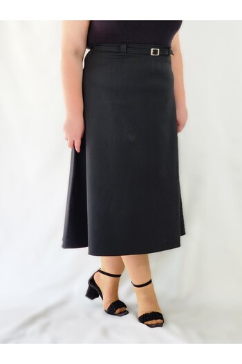 MRV DESIGN Plus Size Midi Length Loose Black Woven Skirt with Belt Detail