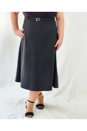 MRV DESIGN Plus Size Midi Length Loose Black Woven Skirt with Belt Detail